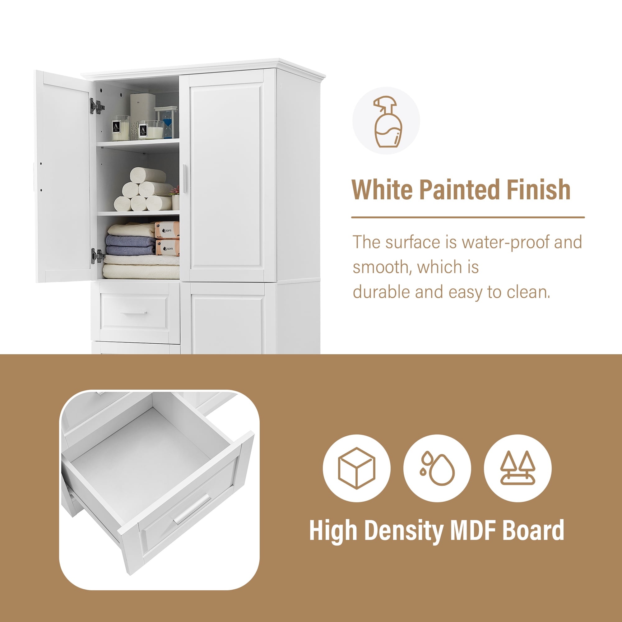 Harper & Bright Designs Tall and Wide Bathroom Storage Cabinet with Drawers and Doors, Modern Bathroom Floor Storage Cabinet with Shelf, White