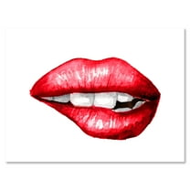 Designart ' Sexy Plump Puffy Girl Lips Biting ' Modern Canvas Wall Art Print
