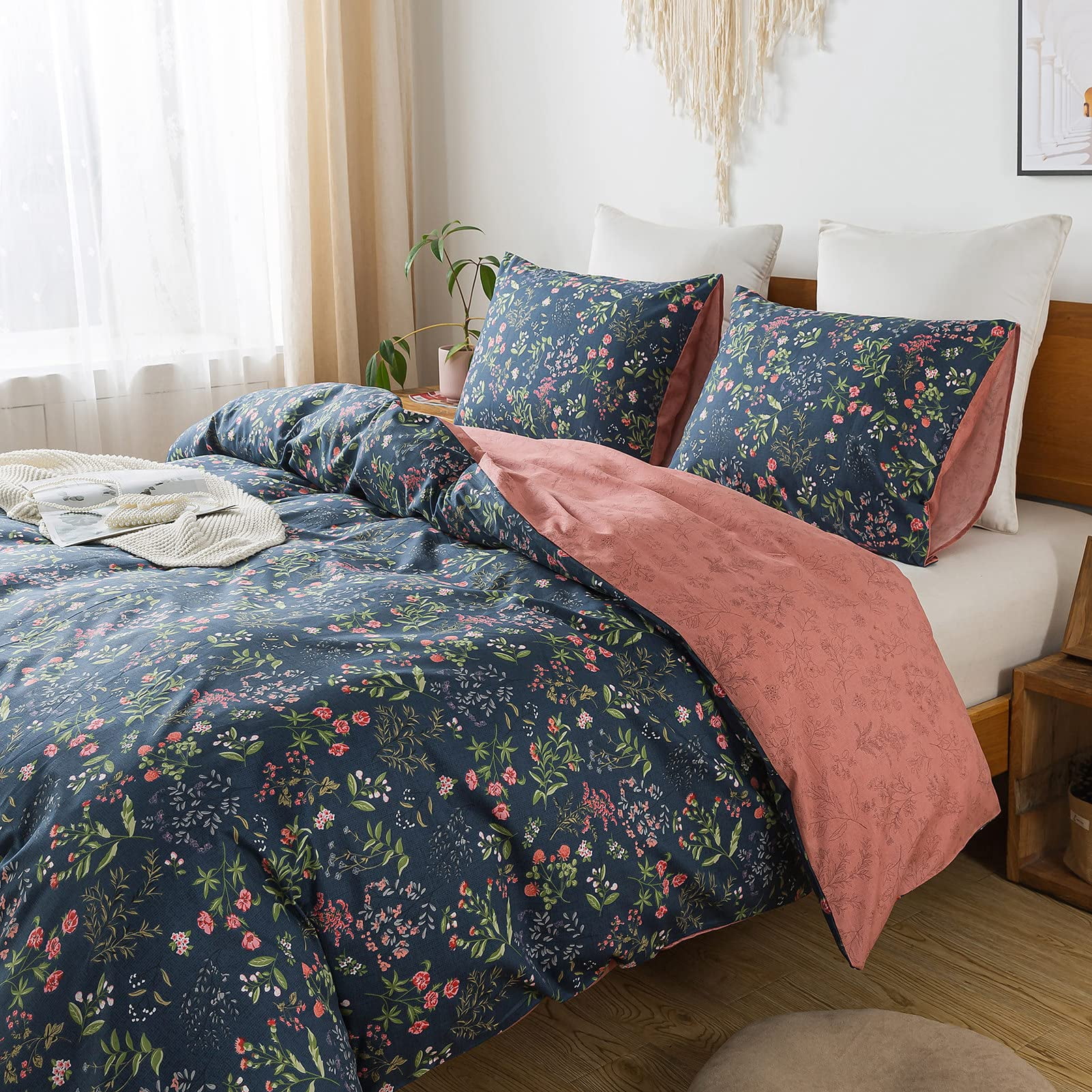 NEWLAKE Duvet Cover Set - 100% Cotton Comforter Cover, Soft and Breathable Bedding Set with Zipper Closure & Corner Ties, 3pcs(1Duvet Cover+2 Pillow Case)-Nave Blue, Queen