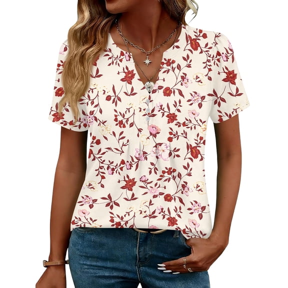 ASDFVBKG Womens Tops Dressy Casual V Neck Short Sleeve Shirts Summer Pleated Blouses Button Down Tunic Loose Fit Red XL