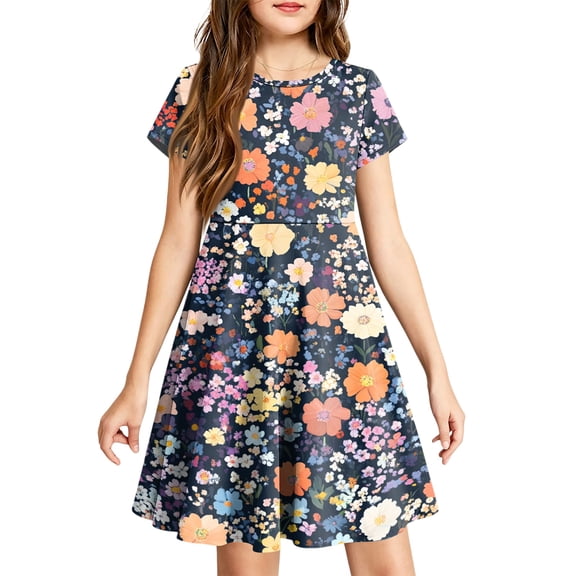 Abcomgle Girls Summer Dresses Size 14-16 Casual A-Line Short Sleeve Midi Dress Floral Print Summer Crew Neck Swing Sundresses with Pockets for 4-14t Kids