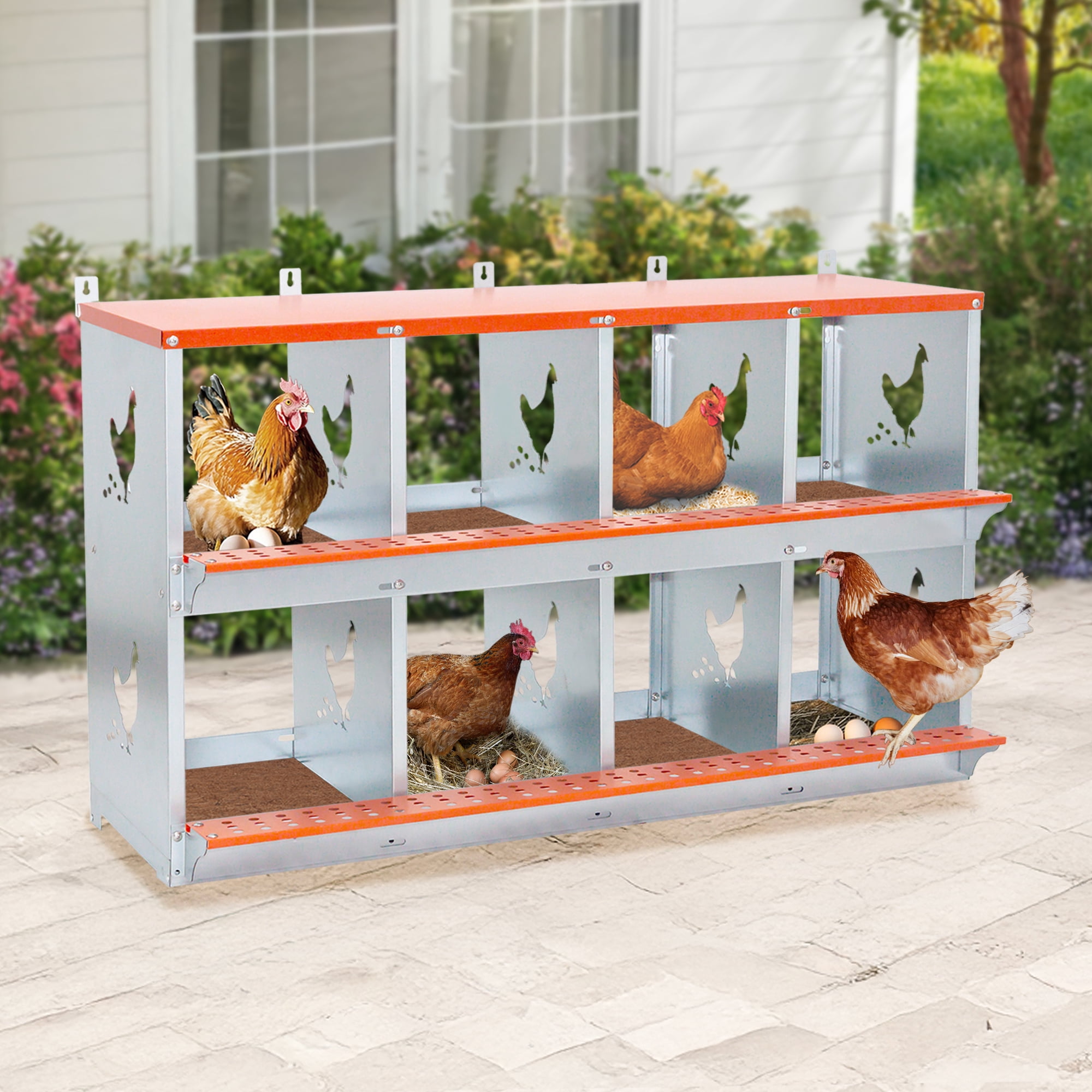 8-Bay Wall Mount Metal Nest Box for Hens Ducks, Galvanized Steel Poultry Coop Equipment with Vented Design, Easy Egg Collection & Assembly, Orange