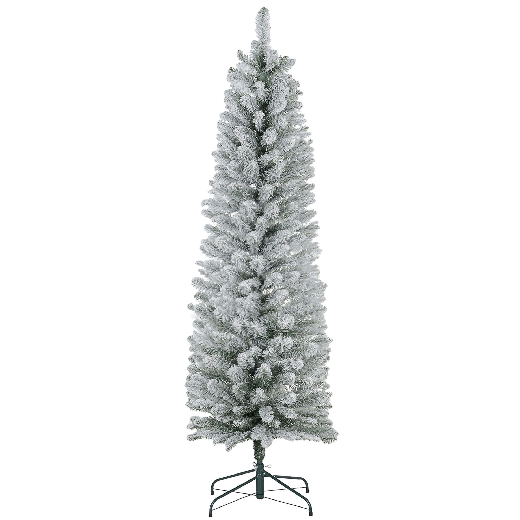 5 ft Artificial Christmas Tree with Snow Flocked Branches, Pencil Design, Metal Base, 263 Tips, Indoor Holiday Decoration