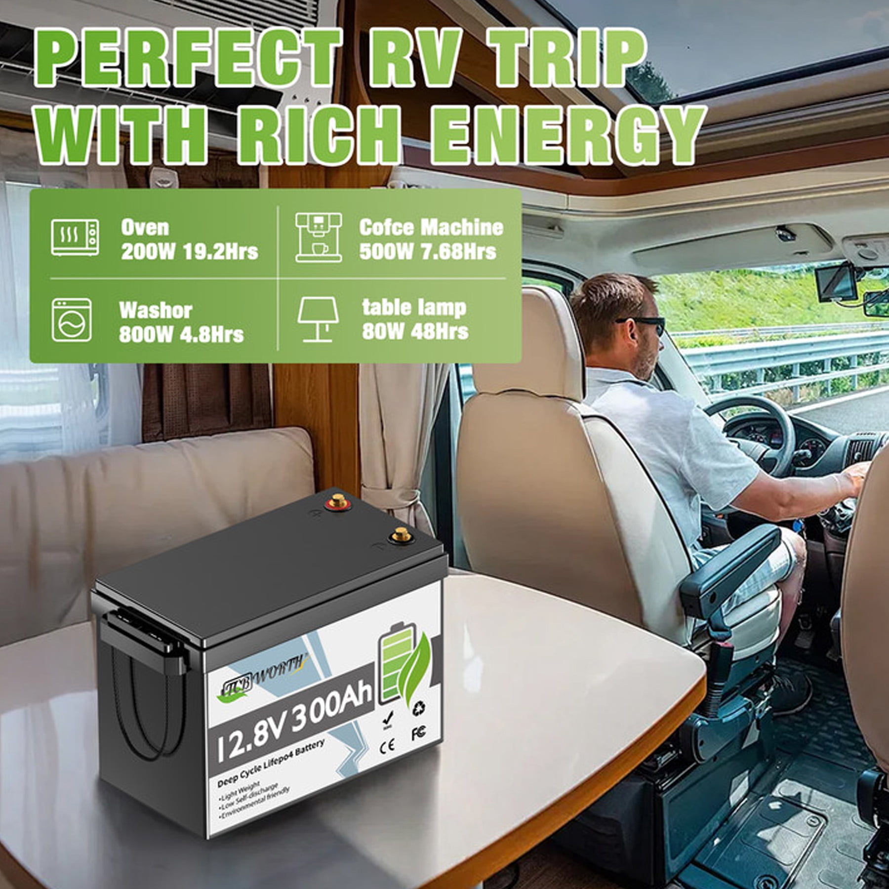 2PACK 12V 300Ah LiFePO4 Lithium Battery,TCBWORTH for RV,Solar,Marine,Caming,Home Energy Storage,off Grid,Built in 200A BMS,15000+ Deep Cycles