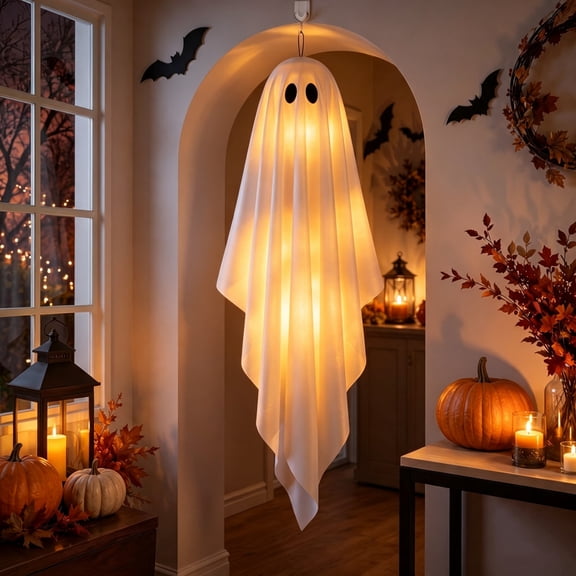 MInHoues 6 ft Large Light Up Halloween Hanging Ghost Decoration, Remote Control Glowing Spooky Spirit Prop, White Fabric Yard Decor for Indoor Outdoor Front Porch Tree Display