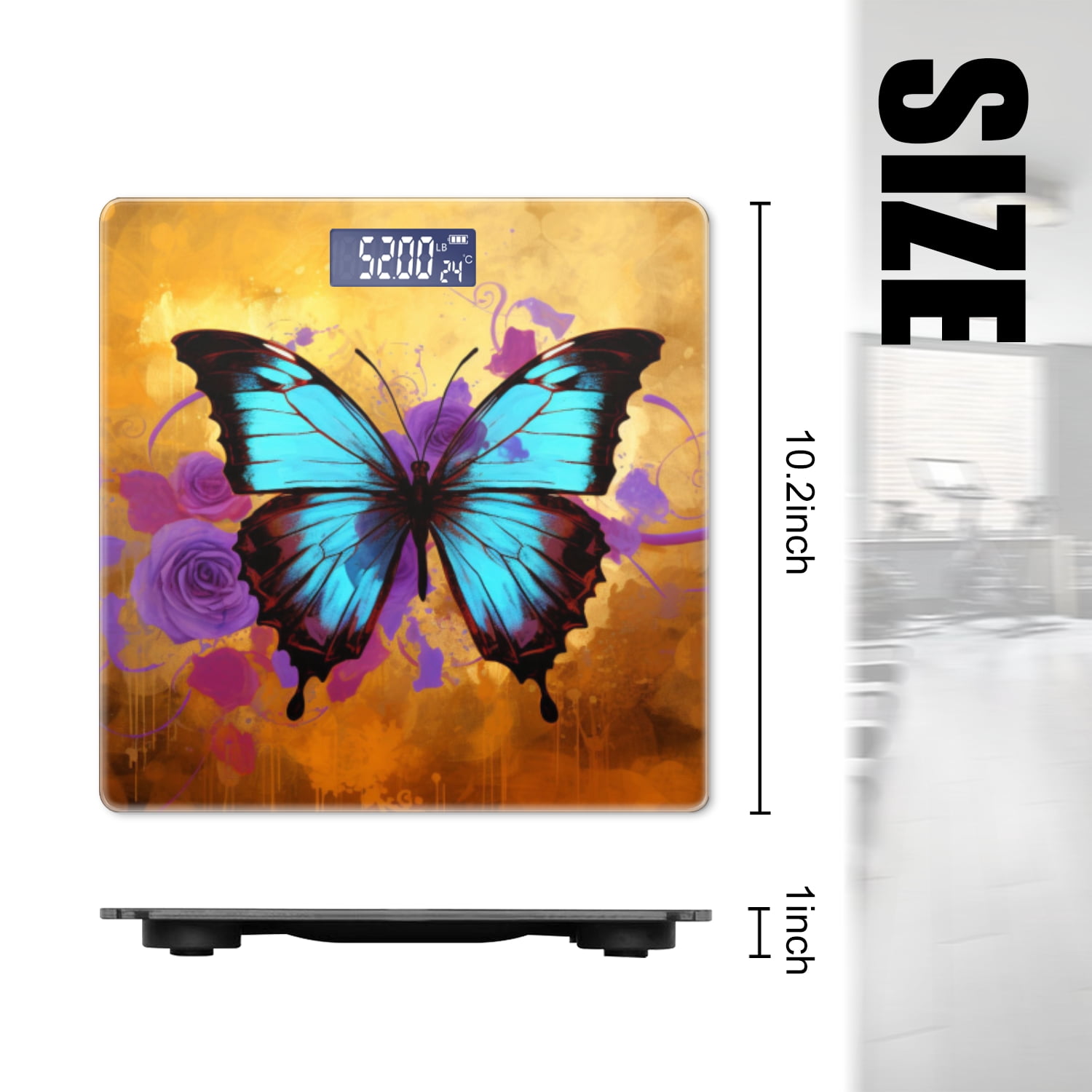 High Precision Body Weight Scale Smart Bathroom Scales with Large LCD Display(400lbs),Decorative for Bedroom-Beautiful Butterfly With Bright Blue Wings And Purple Roses
