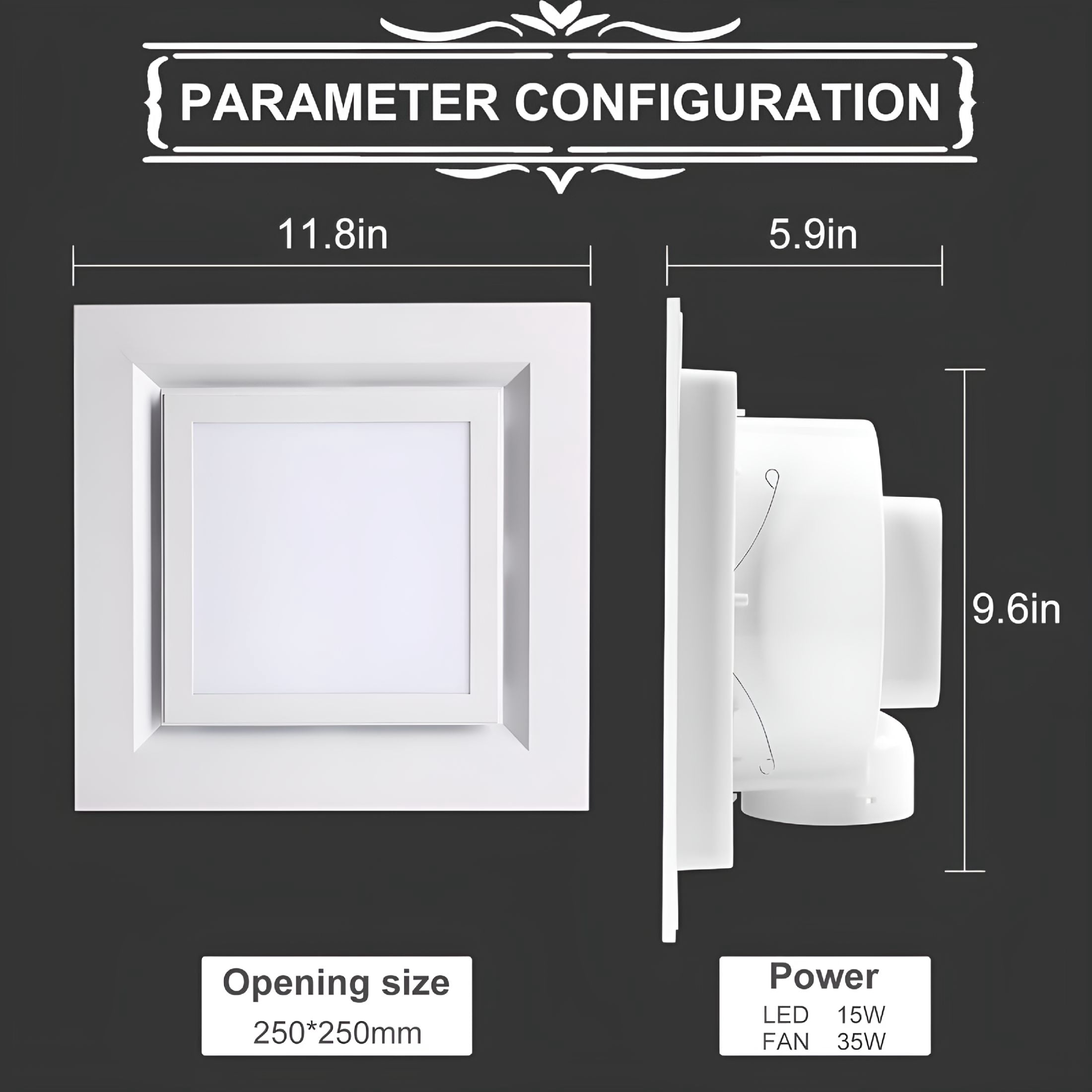 HIBIBUD Bathroom Exhaust Fan with Light,144 CFM 1.0 Sones Double Switch Ultra Quiet Bathroom Vent Fan Square White for Home Bath Office Hotel LED 15w,Fan 35w 110V