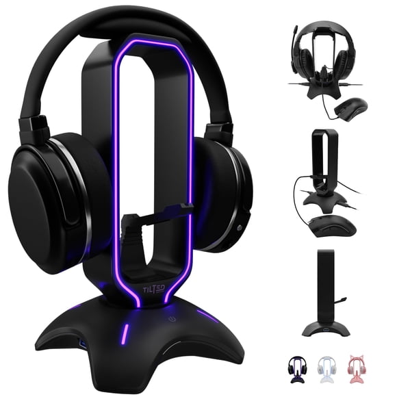 Tilted Nation Support de Casque de Jeu / Support de Casque RGB pour Bureau avec Bungee pour Souris et Hub USB (Configuration Cool et Propre) Support de Casque de Jeu - Perfec