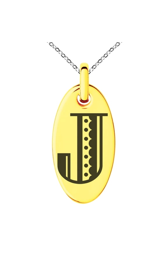 Stainless Steel Letter J Initial Metro Retro Monogram Engraved Small Oval Charm Pendant Necklace