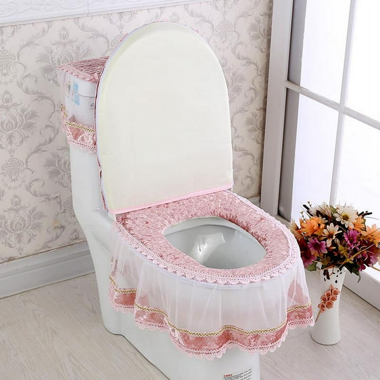 Toilet seat cushion dust cover three piece set 14 velvet toilet seat pink