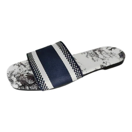 

Ediodpoh Ladies Summer Retro Floral Outer Wear Beach One Word Lightweight Flat Bottom Large Size Sandal Slippers Womens Sandals Navy 8.5(41)