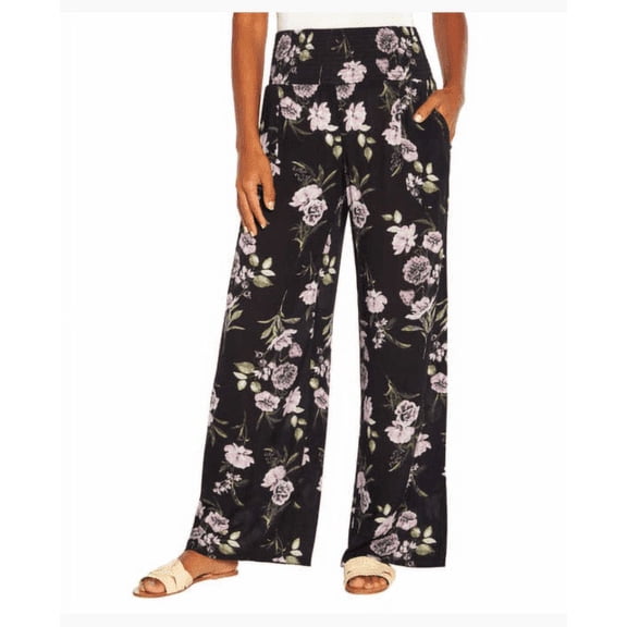 Three Dots Ladies Printed Pull on Pants (Black Floral, XL)