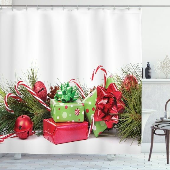 Ambesonne Christmas Shower Curtain, Closeup Noel Ornaments, 69"Wx75"L, Fern Green and Ruby