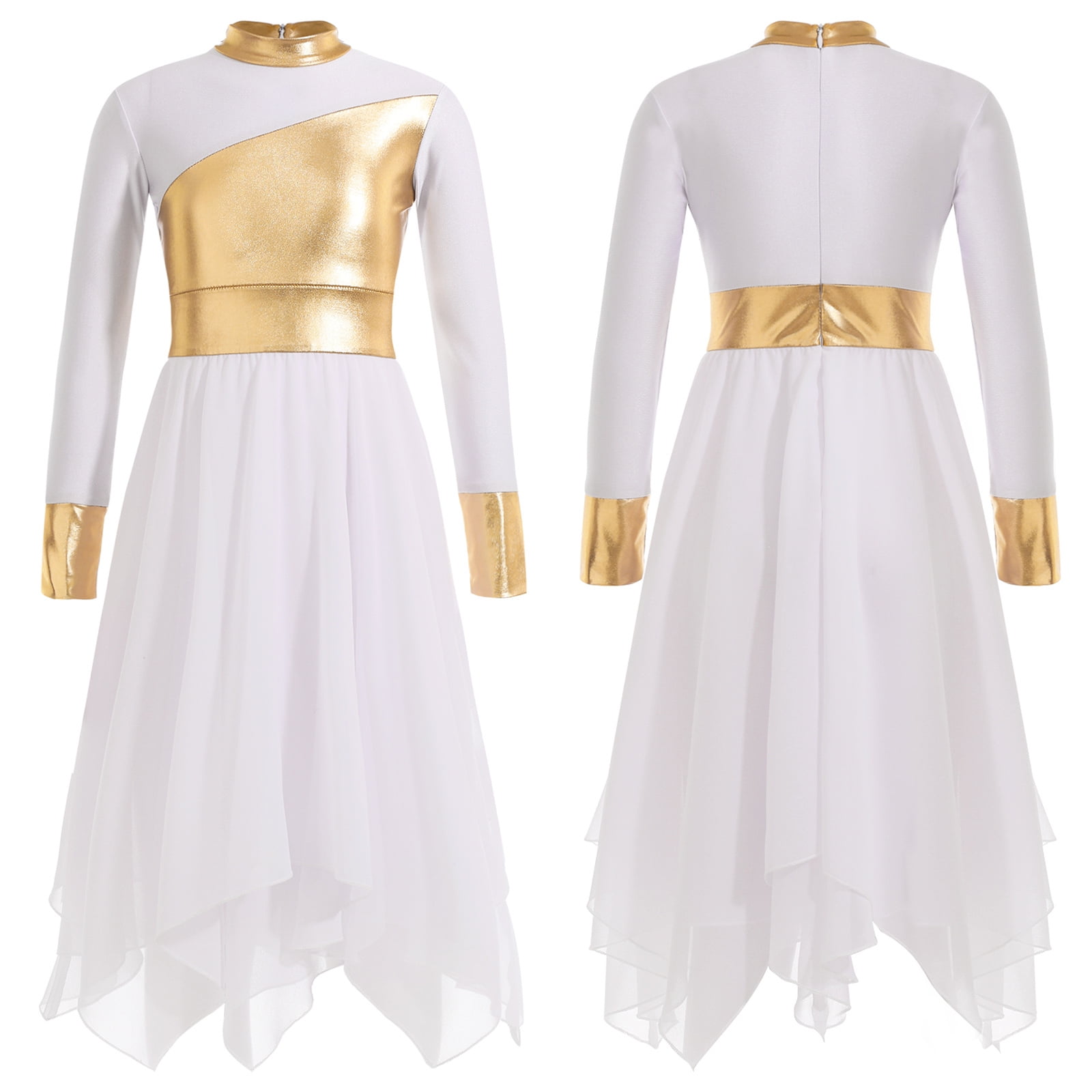 renvena Kids Girls Metallic Long Sleeve Worship Praise Dance Dress Lyrical Liturgical Church Costume Size 6 16 A White 6