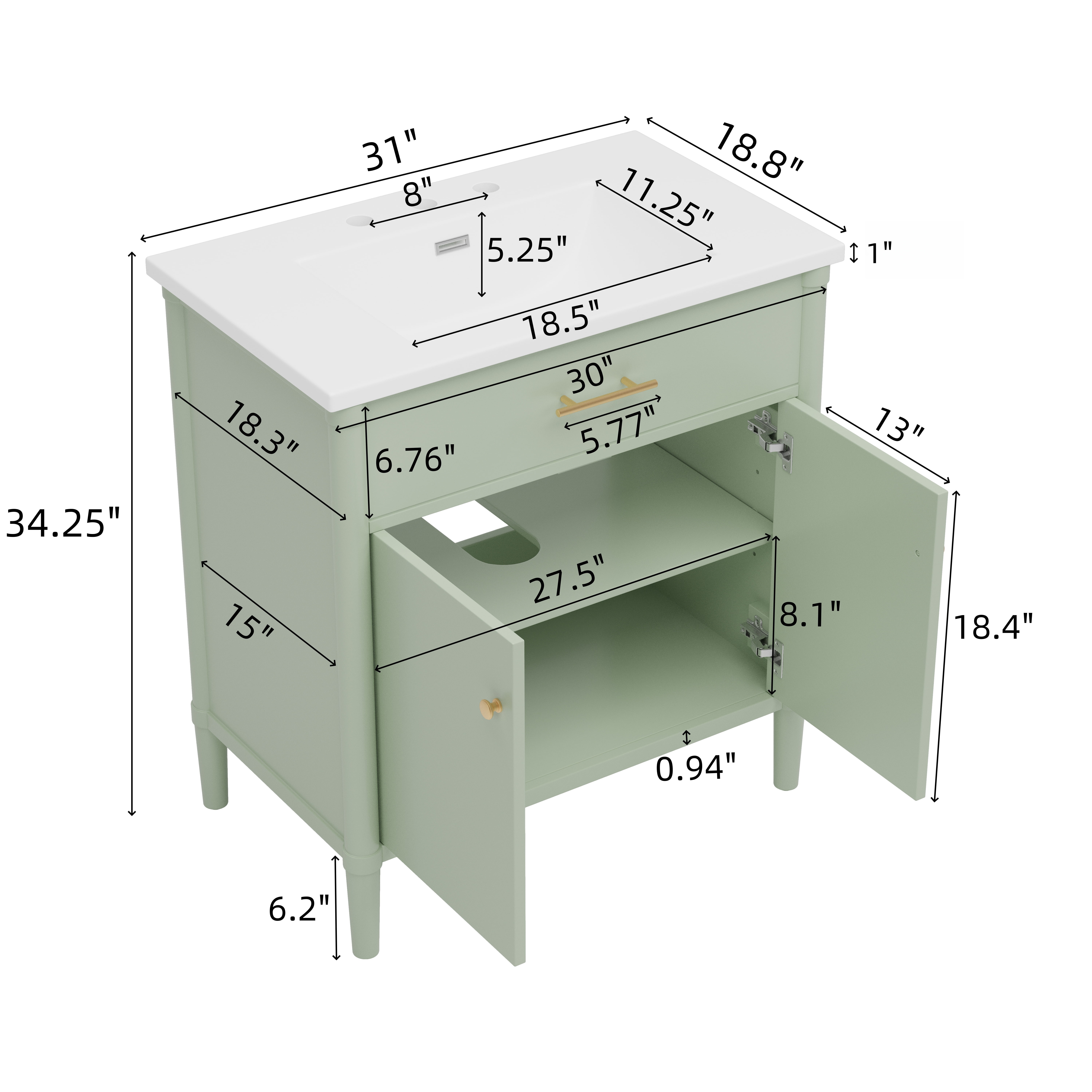 Euroco 31" Bathroom Vanity with Sink, Bathroom Cabinet with Soft Close Doors and Adjustable Shelf, Curved Profile Design, Rubber Wood Legs, Green