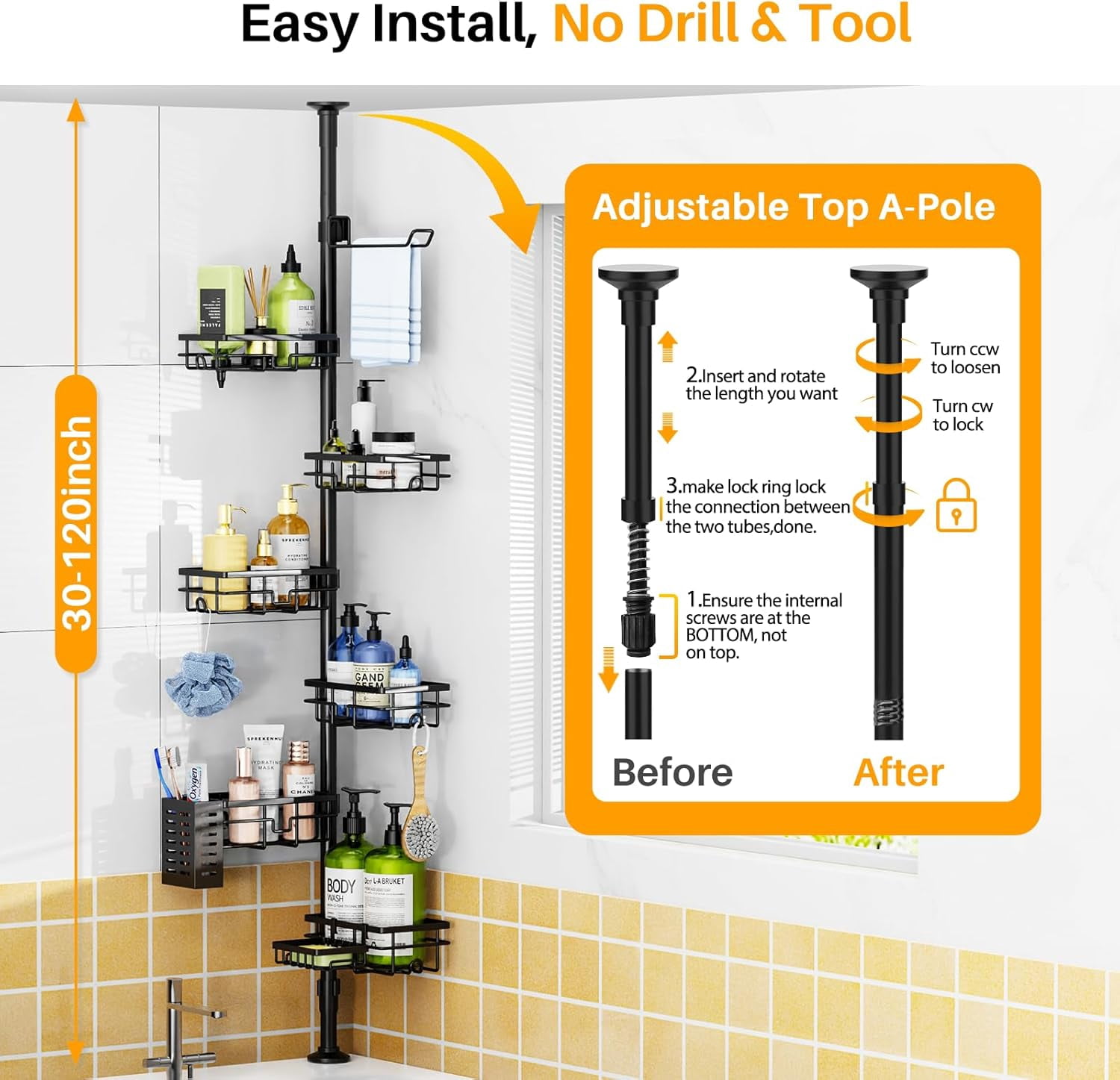 Corner Shower Caddy Organizer Tension Pole, Adjustable 6 Shower Shelves Corner Shelf 30-120Inch Rustproof Shower Rack for Inside Shower, Extra Towel Bar Soap Dish Bathroom Organizers and Storage