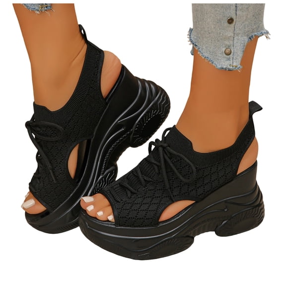 Rokment Womens Platform Wedge Athletic Mesh Walking Nursing Sandals 2026 Comfortable Knit Lace up Open Toe Chunky High Heels Slip on Summer Shoes Black Size 6.5