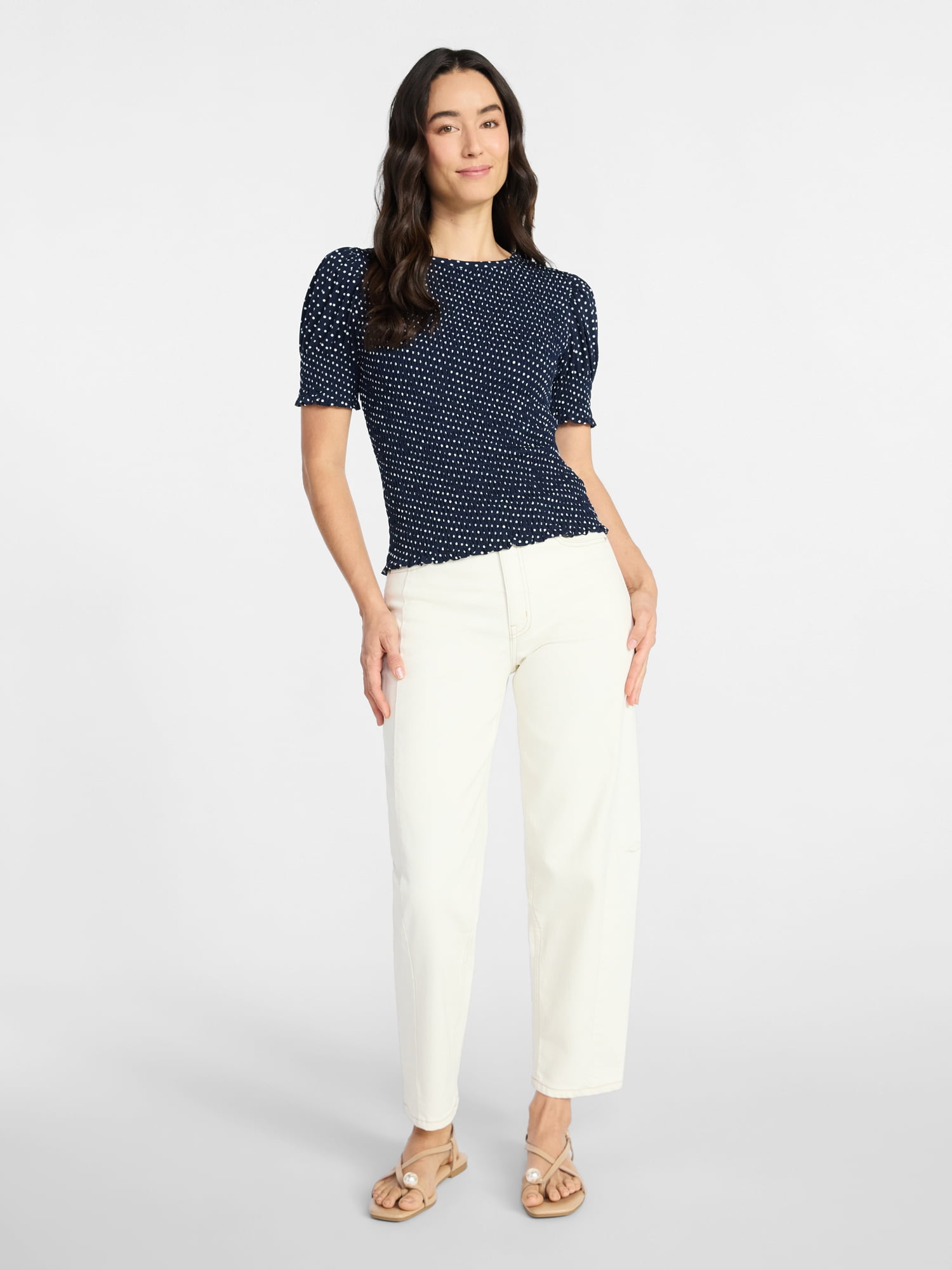 Time and Tru Women's Smocked Top with Short Puff Sleeves, Sizes XS-XXXL