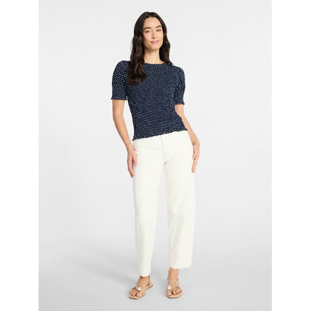 Time and Tru Women's Smocked Top with Short Puff Sleeves, Sizes XS