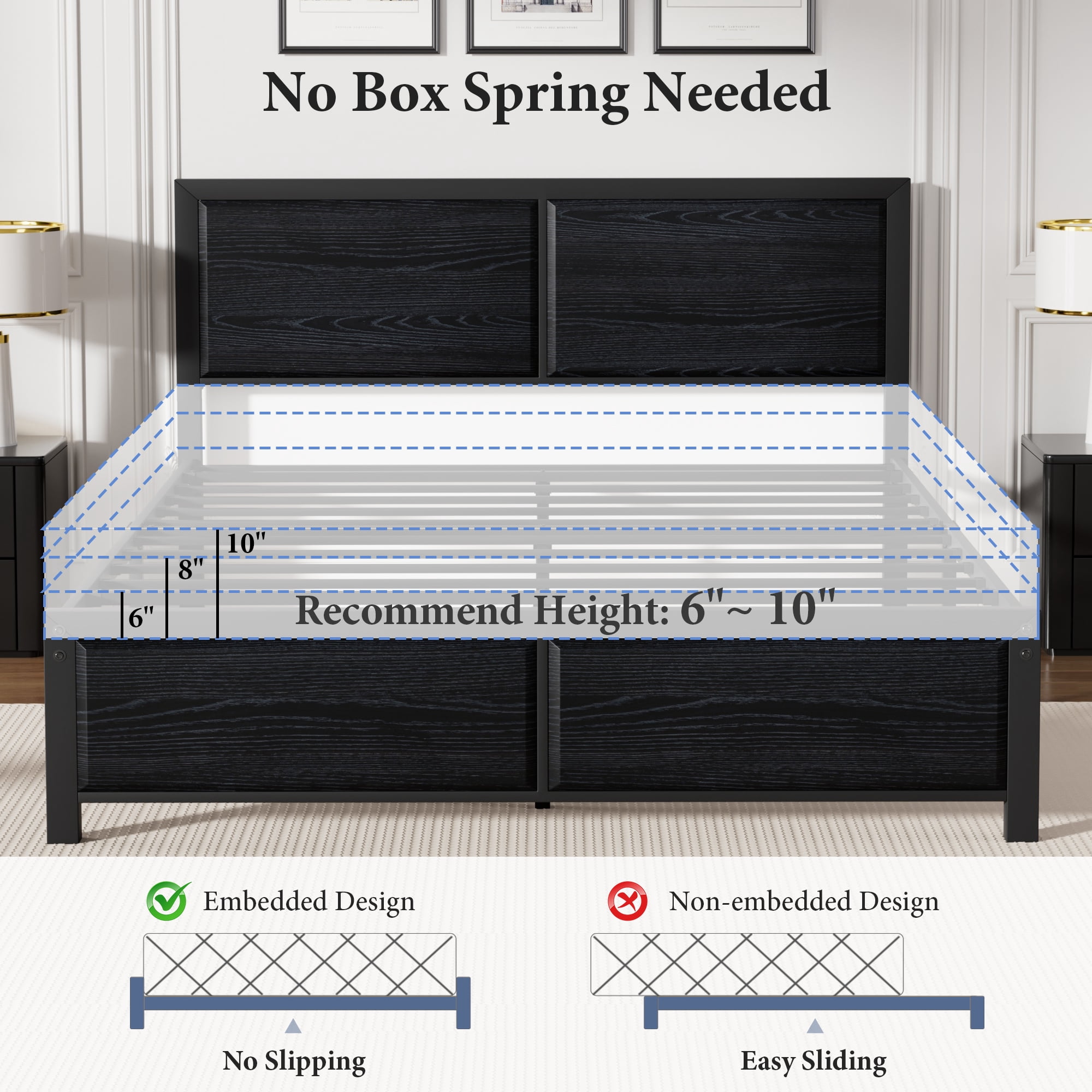VECELO Queen Metal Bed Frame with Wooden Headboard and Footboard, Heavy Duty Slat Supprt, No Box Spring Needed, Easy Assembly, Black