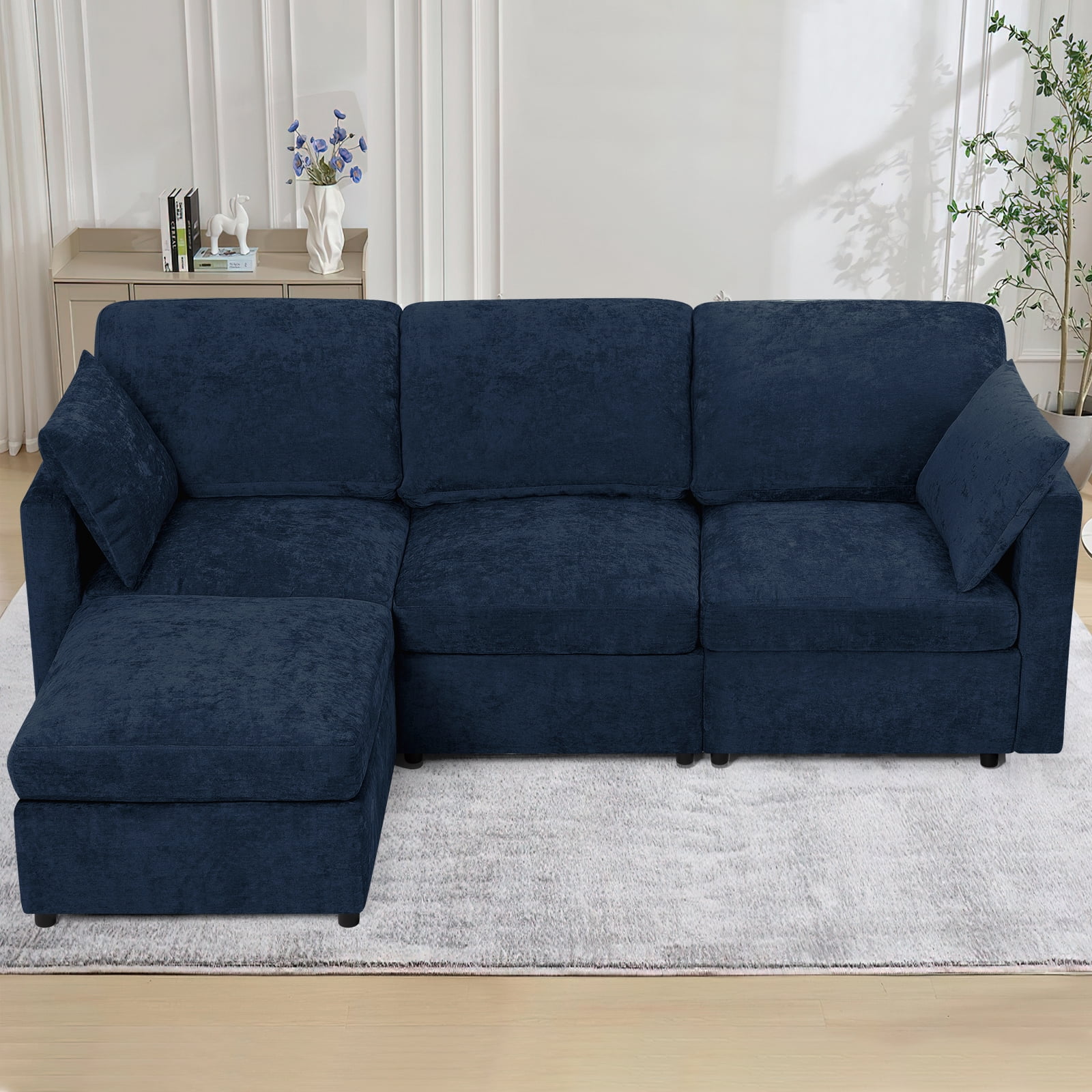 ACMEASE 84” Chenille 3 Seats Sofa W/Movable Ottoman, Modern Fabric L-Shaped Couch with Soft Backrest, Upholstered Sectional Sofa with Armrest Pillows for Living Room, Office, Blue