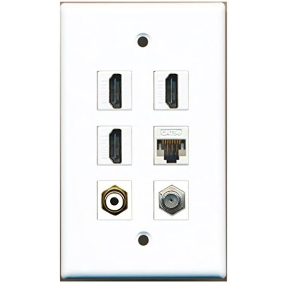 RiteAV - 3 HDMI 1 Port RCA White 1 Port Coax Cable TV- F-Type 1 Port Cat5e Ethernet White Wall Plate