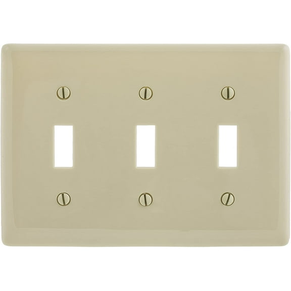 Hubbell NPJ3I 3-Gang Toggle Switch Wall Plate, Unbreakable Nylon, Mid-Size, Ivory