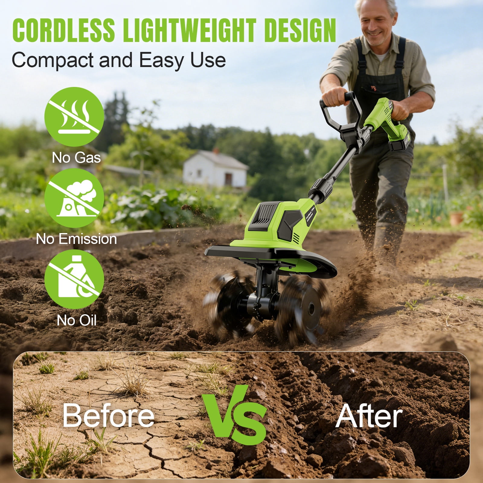 Fovendi 21V Cordless Tiller Cultivator, 360RPM Electric Garden Tiller, with 2 * 3.0Ah Batteries & Charger, 9In Tilling Width and 6.7In Depth Garden Rototiller for Lawn/Gardening/Soil Cultivation