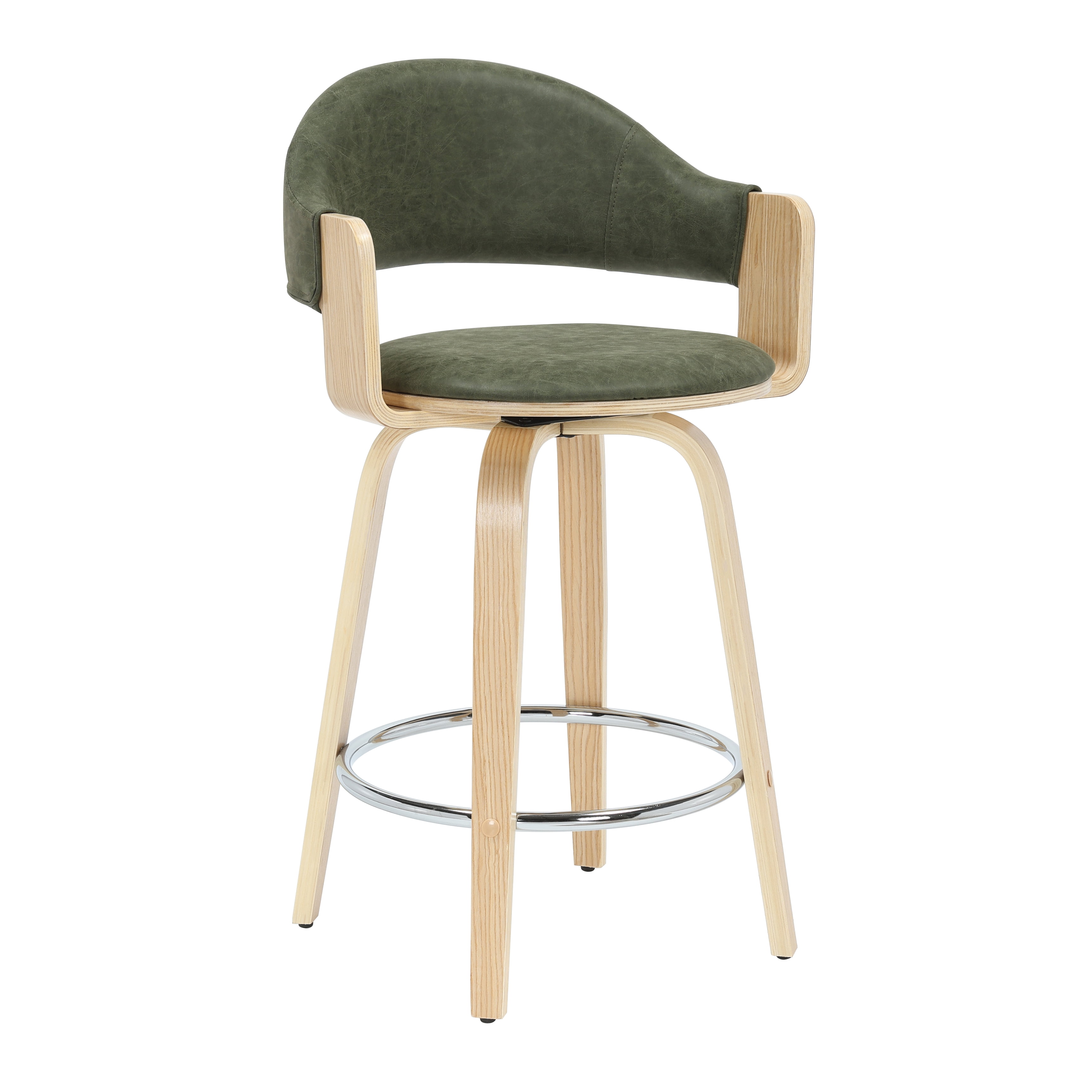 Daxton 36 in. H Swivel Counter Height Vintage Green Round Back Wood Bar Stool with Faux Leather Seat Set of 3