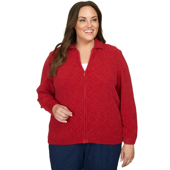 Alfred Dunner Womens Plus-Size Chenille Metallic Zip Front Cardigan