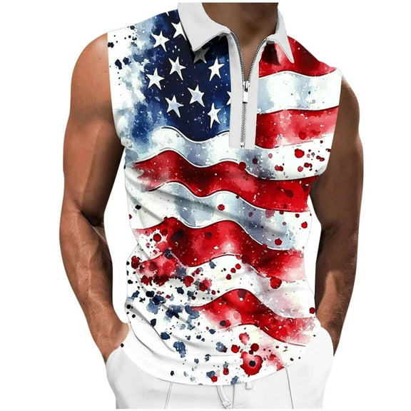 American Flag Sleeveless Half Zip Polo Shirt Men Retro 4th of July Patriotic Shirt USA Flag Graphic Gym Workout Tank Tops