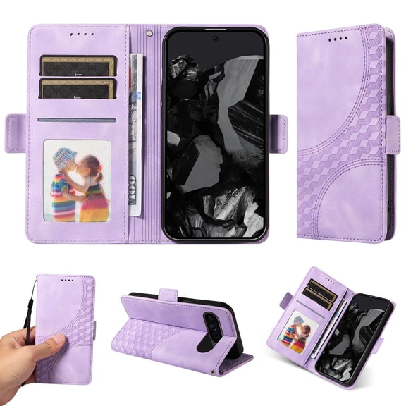 ELEHOLD For Google Pixel 9 Pro XL Leather Wallet Phone Case, Embossed Diamond Folio Flip Cover, Card Holder Cash Slot, Stand Support, Wrist Strap Lanyard -Purple