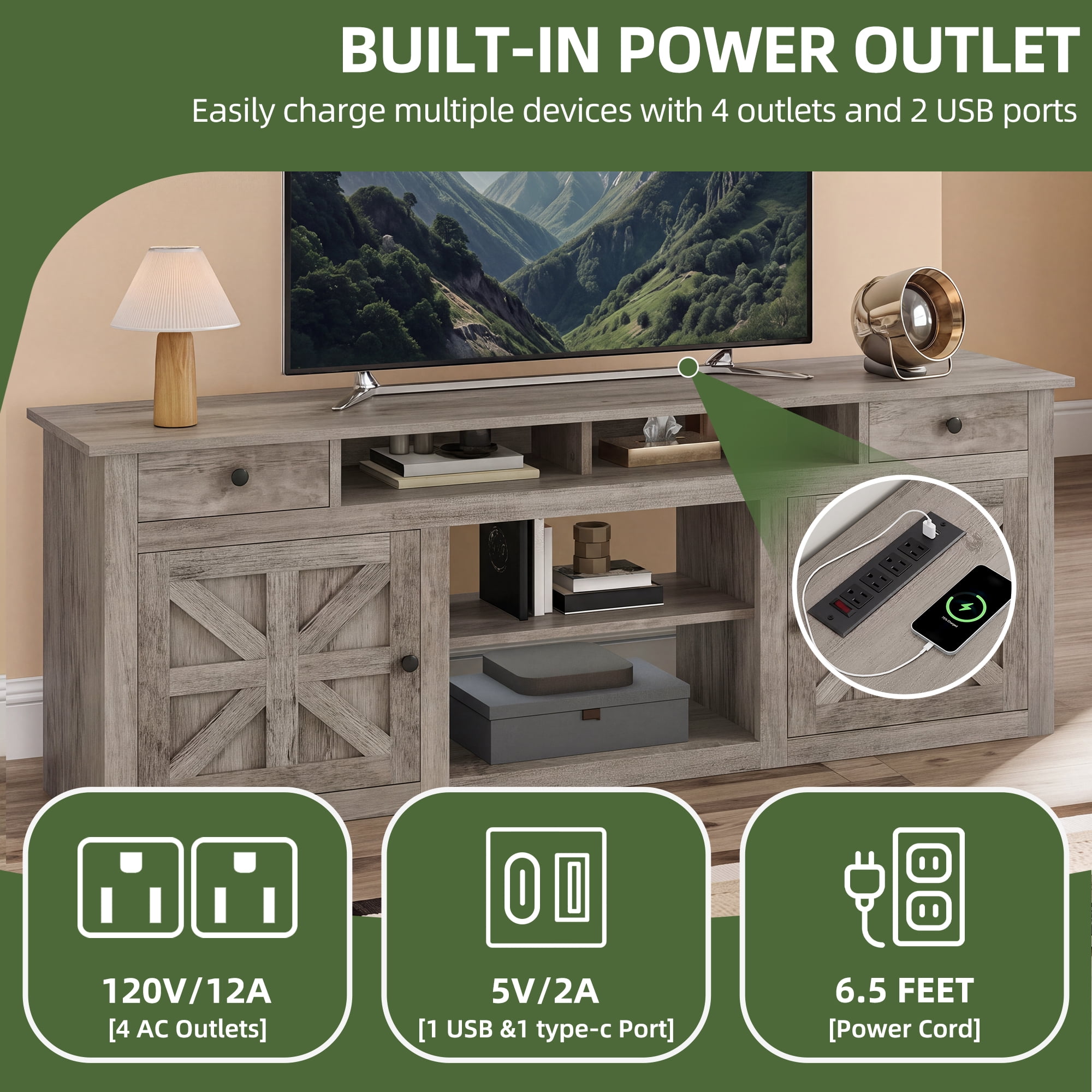Uforic 70 Inch Modern Farmhouse TV Stand for 75/80 Inch TV with Built-in Power Outlets, 2 Cabinets & Open Compartments for Living Room, Gray