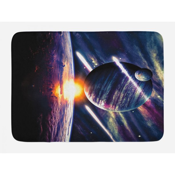 Galaxy Bath Mat, Moon Theme with Earth and Sunlight in Outer Space Magical Stardust Art