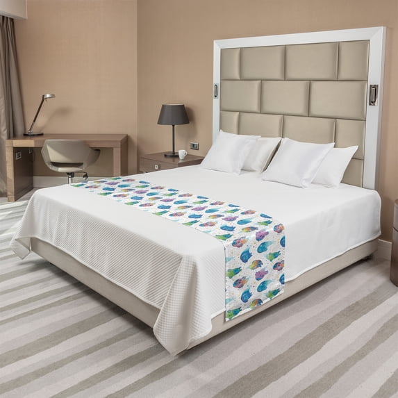 Owl Bed Runner, Fantasy World Themed Ghost Creatures with Colorful Dots and Stars, Decorative Accent Bedding Scarf for Hotels Homes and Guestrooms, King, Deep Sky Blue Multicolor, by Ambesonne