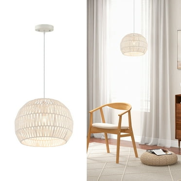 Costway 17.5'' Round Paper Pendant Ceiling Light Fixture with Adjustable Hanging Rope