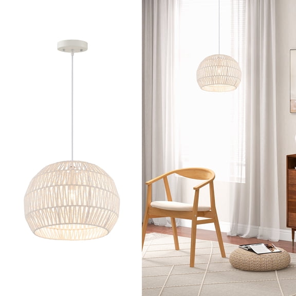 Costway 17.5'' Round Paper Pendant Ceiling Light Fixture with Adjustable Hanging Rope