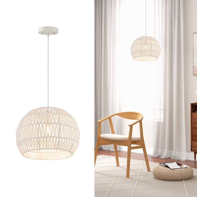 Costway 17.5" Round Paper Pendant Ceiling Light Fixture with Adjustable Hanging Rope, featuring a beige hand-woven paper lampshade supported by rustproof metal rings. The hanging rope is adjustable from 12" to 59", suitable for various ceiling heights including flat, sloped, and vaulted ceilings. Ideal for living rooms, kitchens, and bedrooms, compatible with E26 bulbs up to 40W. Displayed in a modern interior setting with natural light and wooden furniture.