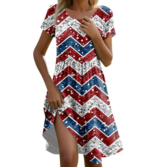 Women's Casual Short Sleeve Patriotic Dress, Round Neck American Flag Stars & Stripes Print Summer Midi Dress for 4th of July ,Blue L