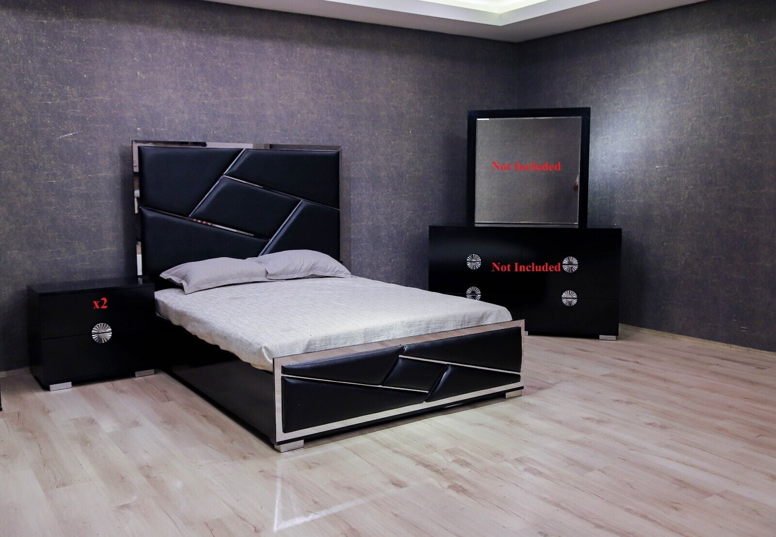 Modern 3pc Black Padded Headboard Mirrored Accents Queen Bed 2x