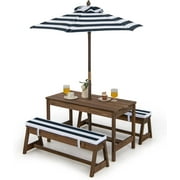 Kids Picnic Table, Toddler Wood Table & Chair Set w/Cushions, Height Adjustable Umbrella, Children Activity Table Outdoor Furniture Set for Patio, Garden, Backyard, Gift for Ages 3-8 (Blue)
