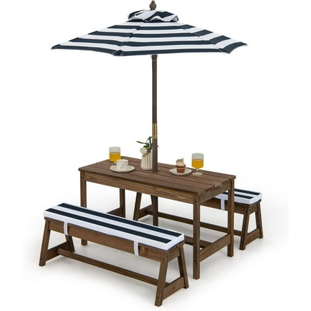 Kids Picnic Table, Toddler Wood Table & Chair Set w/Cushions, Height Adjustable Umbrella, Children Activity Table Outdoor Furniture Set for Patio, Garden, Backyard, Gift for Ages 3-8 (Blue)