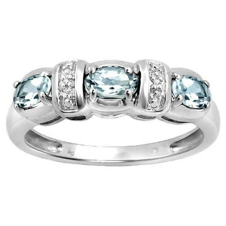 JewelonFire Silver Aquamarine Gemstone and White Diamond Accent Flower Ring
