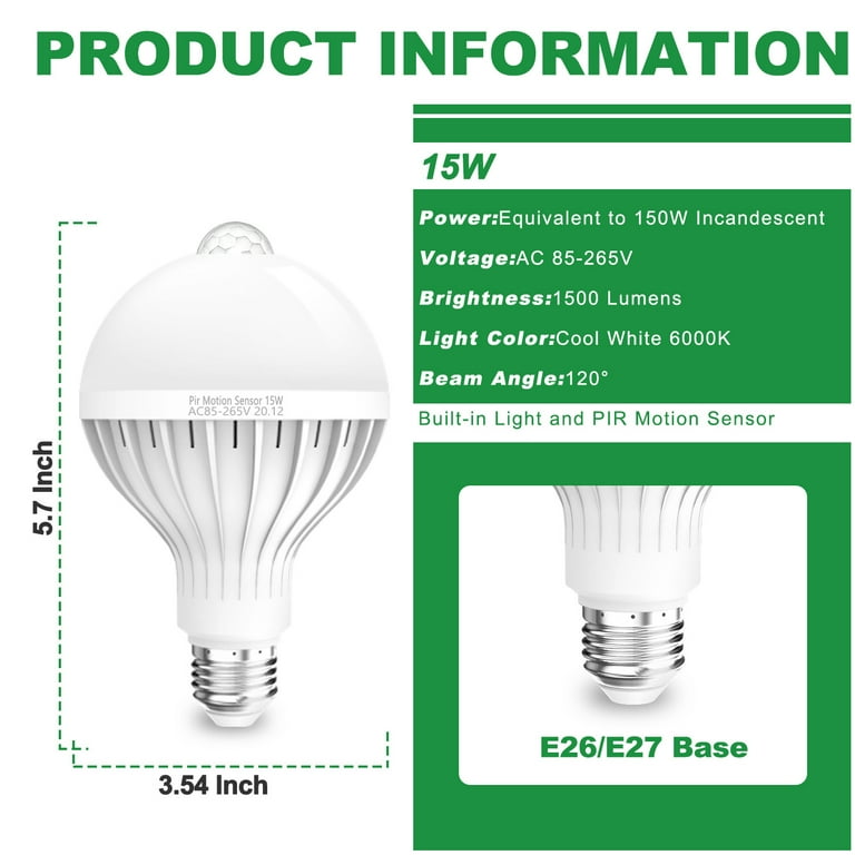Liwarace Light Bulb E26/E27 Base 150Watts LED Infrared Motion Sensor Energy  Saving Striped Models Light Bulb for Living Room 