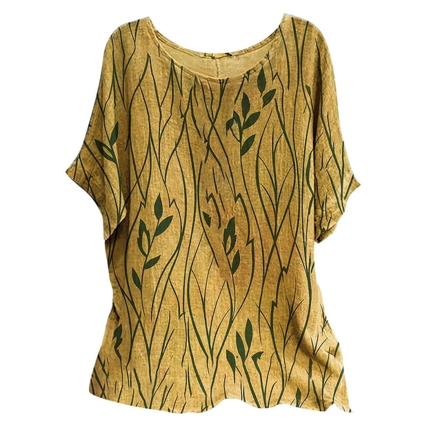 Gibobby Camiseta de manga corta para mujer Camiseta cuello redondo estampada manga corta informal suelta a la moda para mujer(Amarillo,XL)
