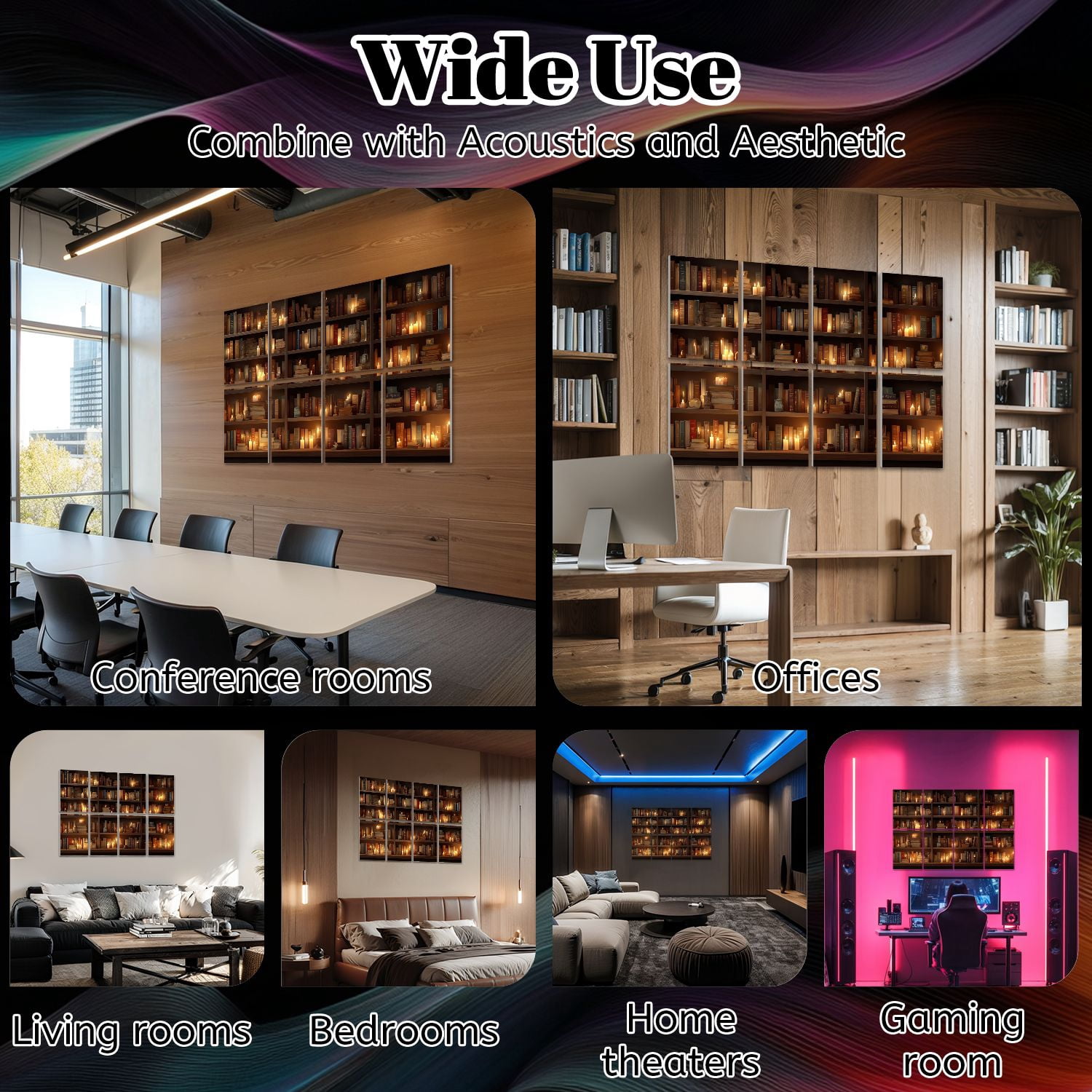 8 Pack Art Acoustic Panels Sound Absorbing Rustic Library Soft Lighting Warm Tones Polished Wood Decorative Soundproof Wall Panels Self Adhesive for Nursery Game Room Bedroom 48"x32"