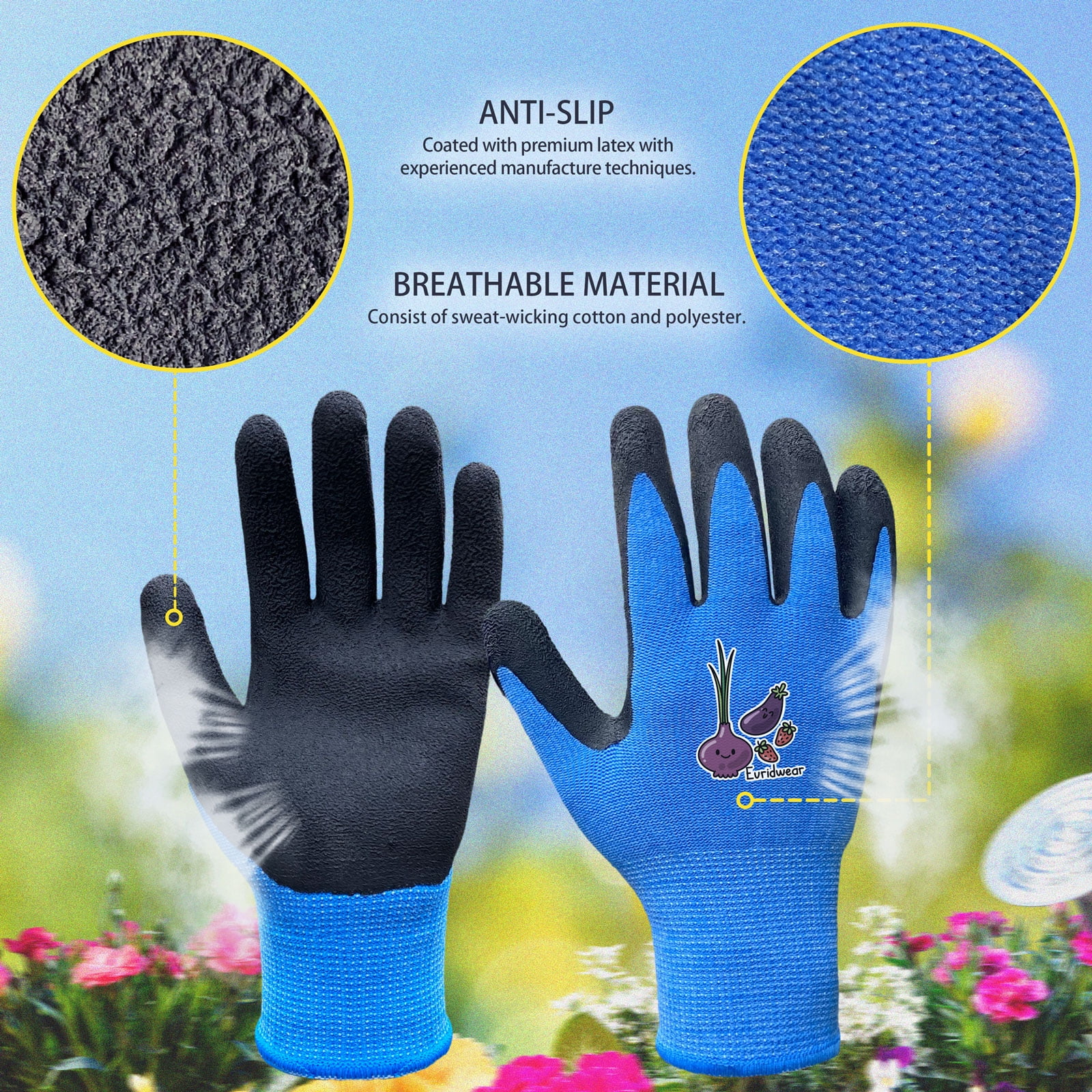 EvridWear Children Kids Gardening Latex Painting Work Gloves, L (9-12yr), Blue