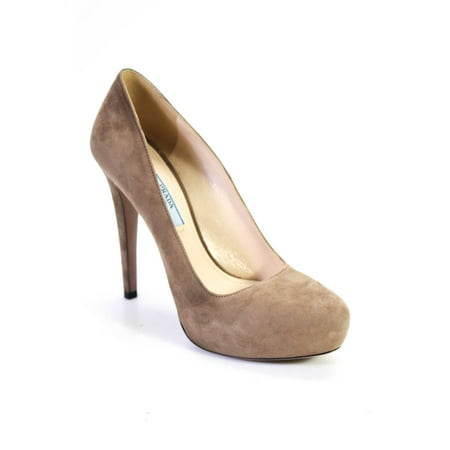 Pre-owned|Prada Womens Almond Toe Slip On Stiletto Pumps Taupe Suede Size 37.5 7.5