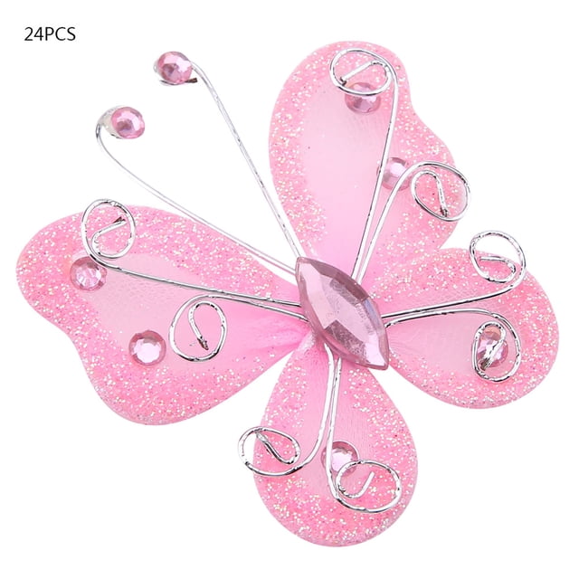 24 Pcs Fil de Maille Transparente Papillon Pailleté Décoration de Fête de Mariage Fournitures DIY Rose