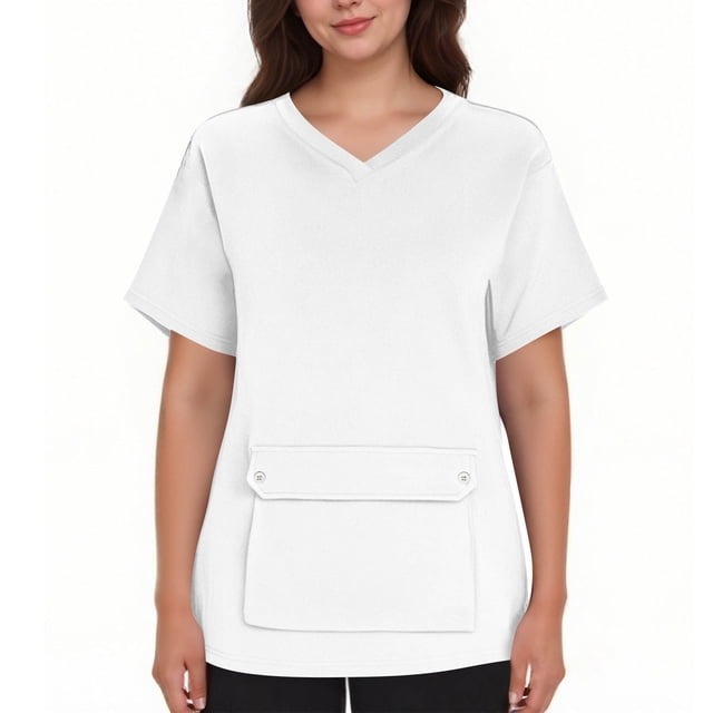 Ohufall Plus Size Scrubs for Women Stretch, Solid Color Scrub Tops - Front Pocket Design for Nurses & Healthcare Workers
